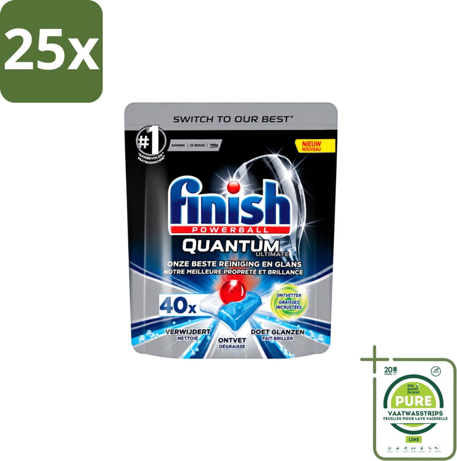 25 x Finish Powerball - Quantum Ultimate - Vaatwastabletten - Ontvetter - 40 Tabletten - Grootverpakking - Vaatwasstrips - Vaatwasmiddel - Vaatwastablet - Ontvetter - Vaatwasser - Vetverwijdering