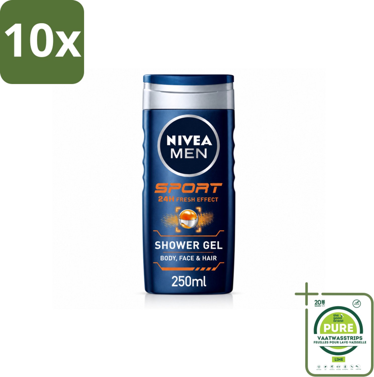 10 x NIVEA MEN – Douchegel – Sport – 250 ml - Grootverpakking - Vaatwasstrips - Sportdouchegel - Fris Na Sporten - Verkoelend Na Inspanning - Mannelijke Limoengeur - Huid En Haar Verzorging
