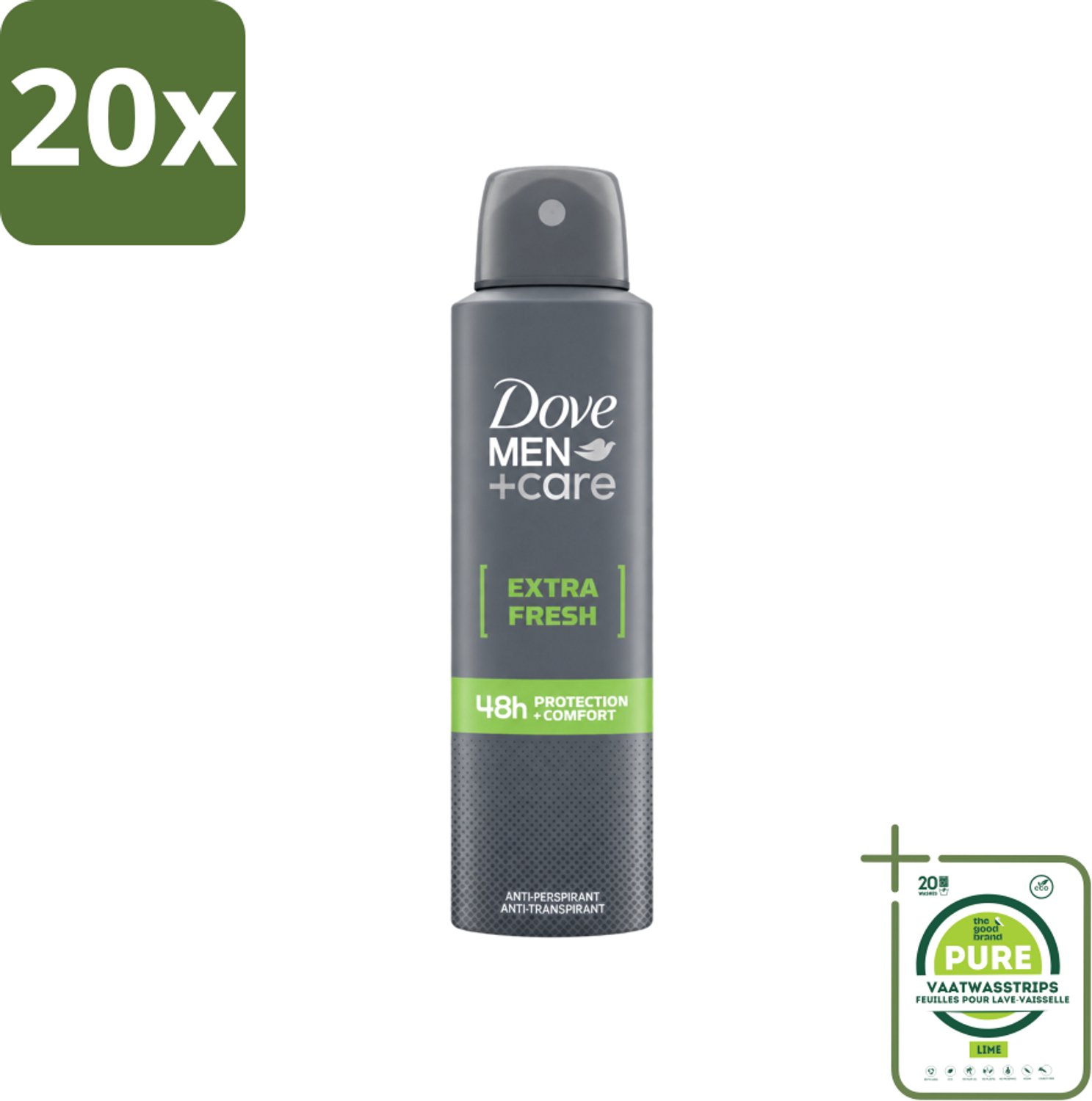 20 x Dove Men+Care - Extra Fresh - Deospray - Anti-Transpirant - 150 ml - Grootverpakking - Vaatwasstrips - Dove Men+Care Extra Fresh Deospray - Deospray Voor Mannen - Alcoholvrije Deospray - Okselbescherming - Transpiratiebescherming