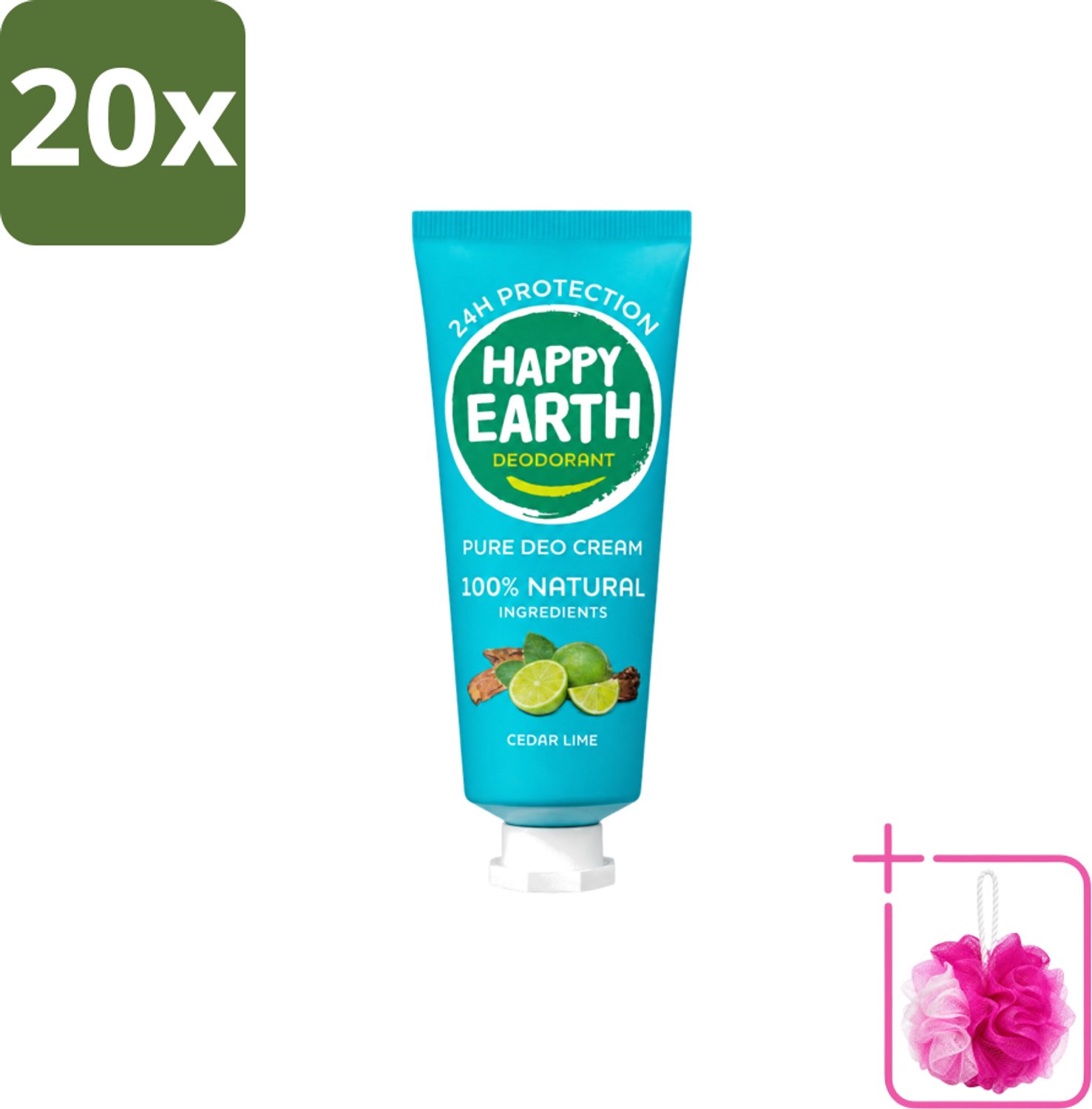 20 x Happy Earth – Deodorant Cream – 100% Natuurlijk Cedar Lime – 40 ml - Bulkverpakking - Natuurlijke deodorant - Douchemop - Deodorant crème