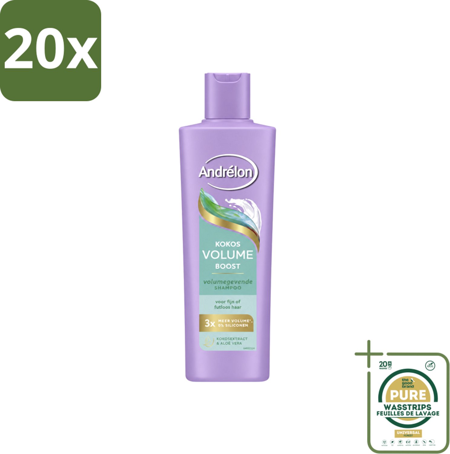 20 x Andrélon – Shampoo – Volume Boost – 250 ml - Wasstrips - Haar Volume - Volume Shampoo - Kokos Shampoo - Aloë Vera Shampoo - Fijn Haar