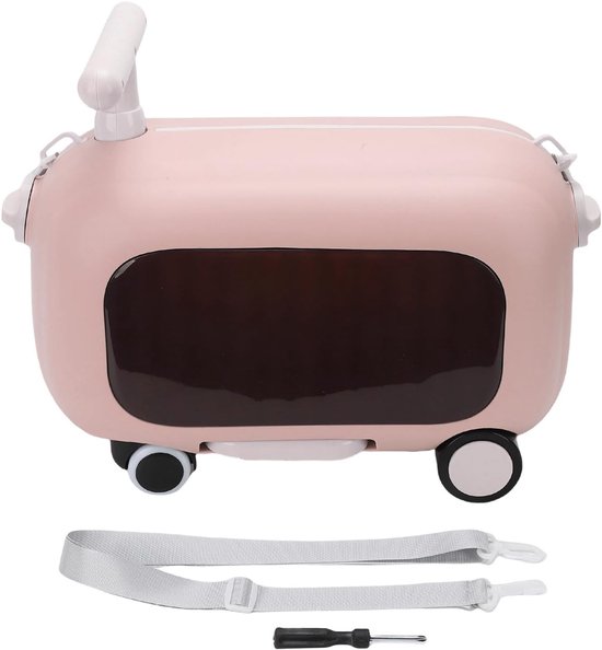 Roze kinder koffer met wielen, een uitschuifbare handgreep en schouderband.