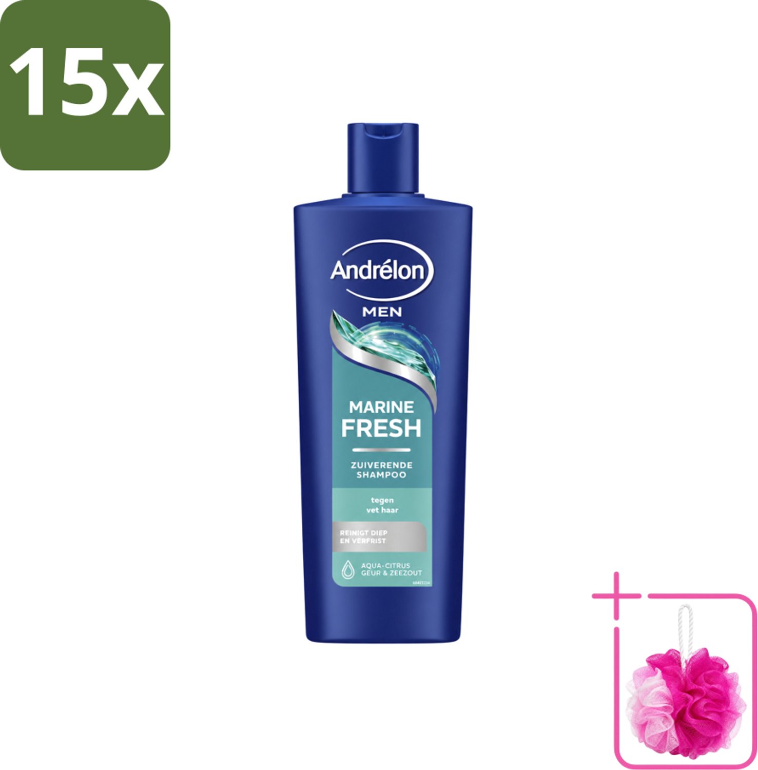 15 x Andrélon – Shampoo – Marine Fresh Men – 400 ml - Bulkverpakking - Mannelijk haar reinigen - Douchemop - Vet haar verwijderen
