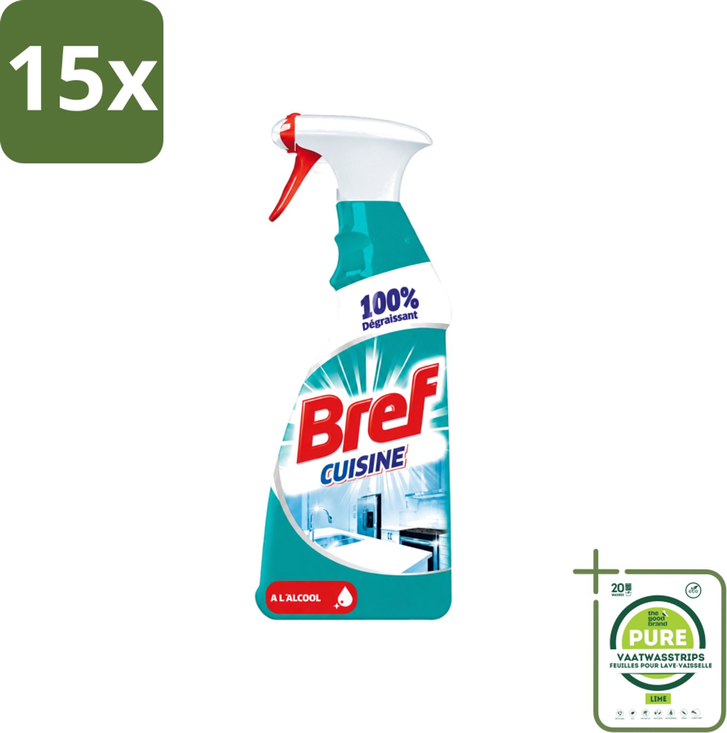 15 x Bref Keuken - Reinigingsspray - Ontvetter - Met Alcohol - 750 ml - Grootverpakking - Vaatwasstrips - Keuken Reinigen - Ontvetter - Keuken Spray - Werkblad Reinigen - Keuken Hygiëne
