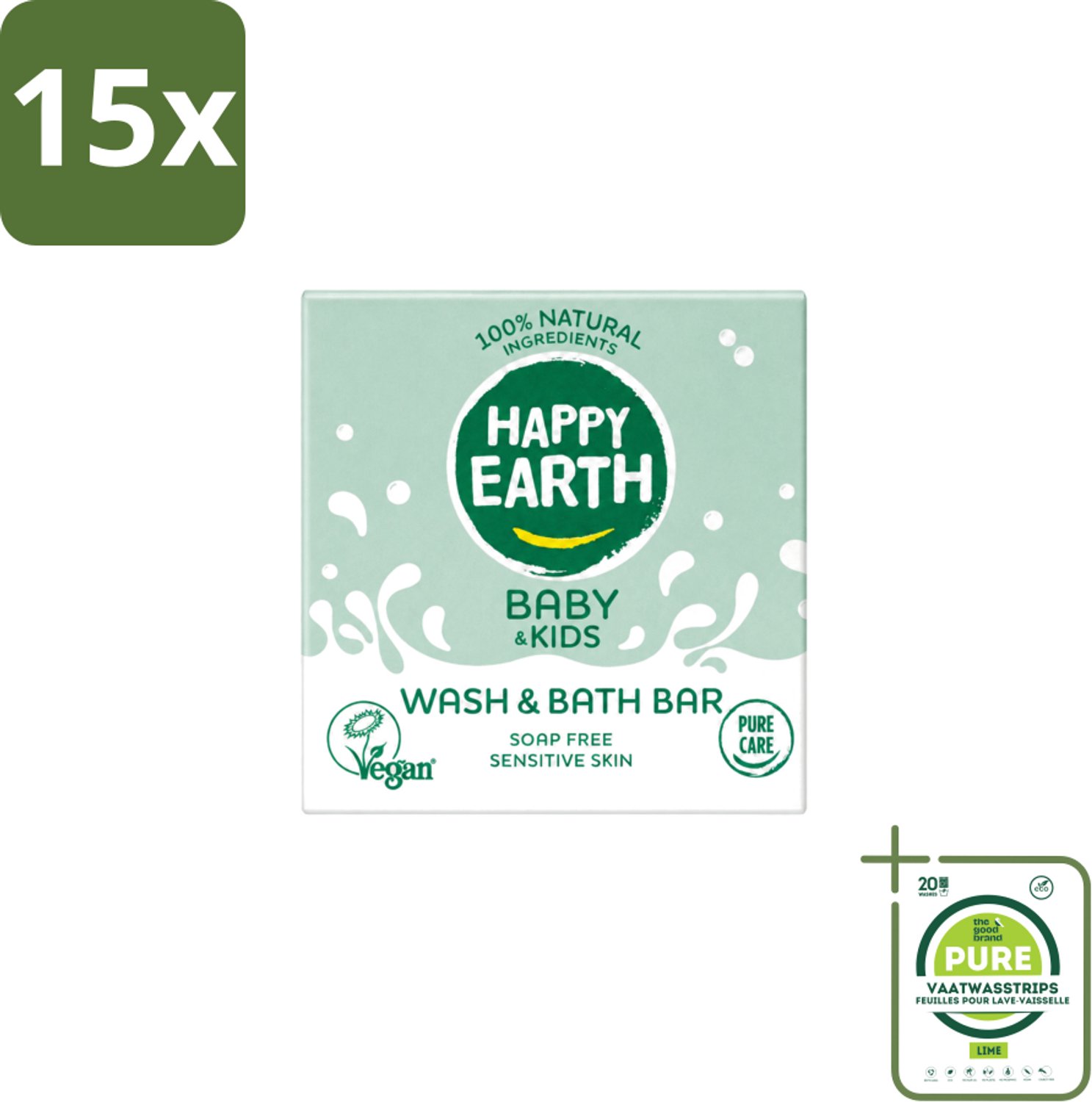 15 x Happy Earth – Wash & Bath Bar – 100% Natuurlijk Baby & Kids – 50 g - Grootverpakking - Vaatwasstrips - Baby Wasbar - Kind Badbar - Natuurlijke Wasbar - Zeepvrije Wasbar - Mild Wasbar
