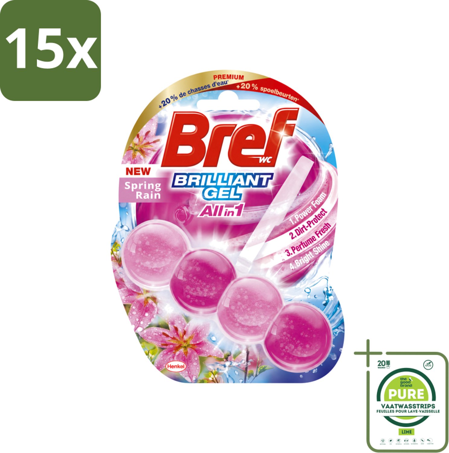 15 x Bref - Toiletblok - Brilliant Gel - Spring Rain - 42g - Grootverpakking - Vaatwasstrips - Toilet Reinigen - Toilet Fris - Toilet Glans - Toilet Hygiëne - Toilet Schoon