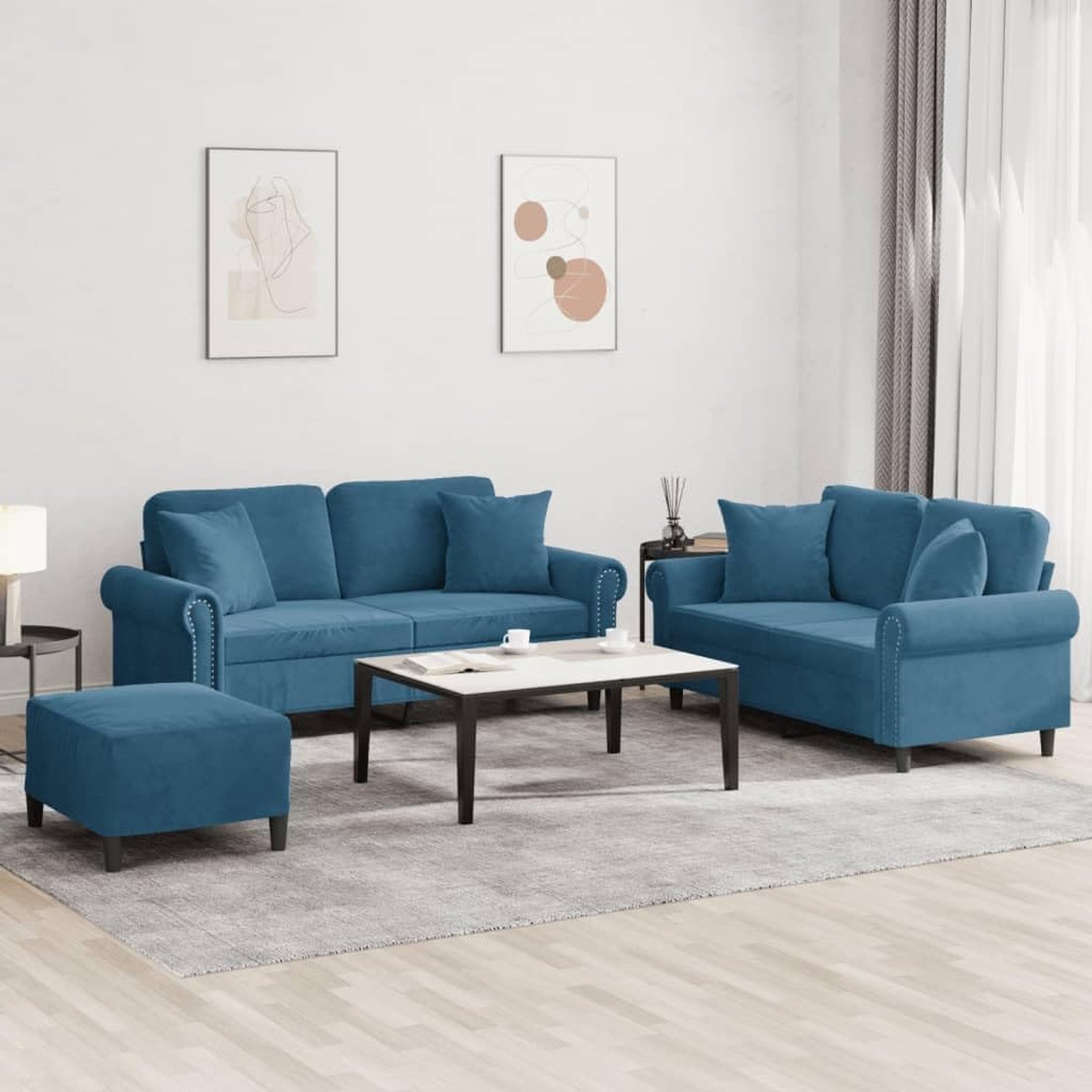 3-delige bankset met kussen, blauw fluweel, zachte velours bankset met robuust metalen frame, comfortabele bekleding en praktische kruk voor woonkamer, leeshoek