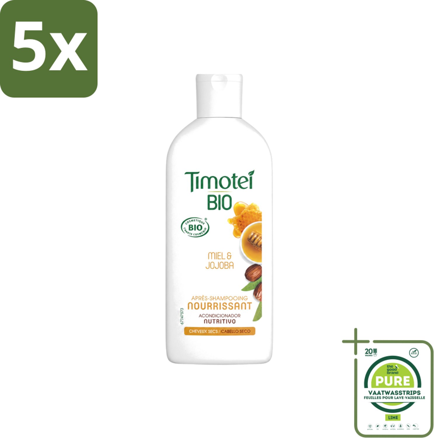 5 x Timotei - Crèmespoeling - Honing & Jojoba - Biologisch - Droog Haar & Droge Hoofdhuid - 250 ml - Grootverpakking - Vaatwasstrips - Crèmespoeling - Droog Haar - Droge Hoofdhuid - Honing - Jojoba-olie