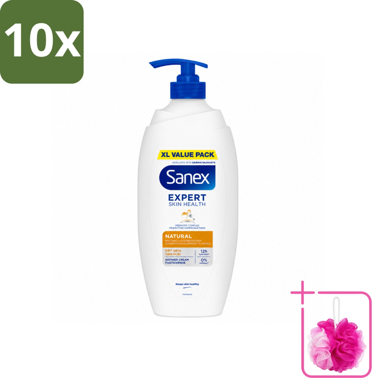 10 x Sanex – Douchecrème – Expert Skin Health Naturals – 750 ml - Bulkverpakking - Gevoelige huid - Douchemop - Huidverzorging