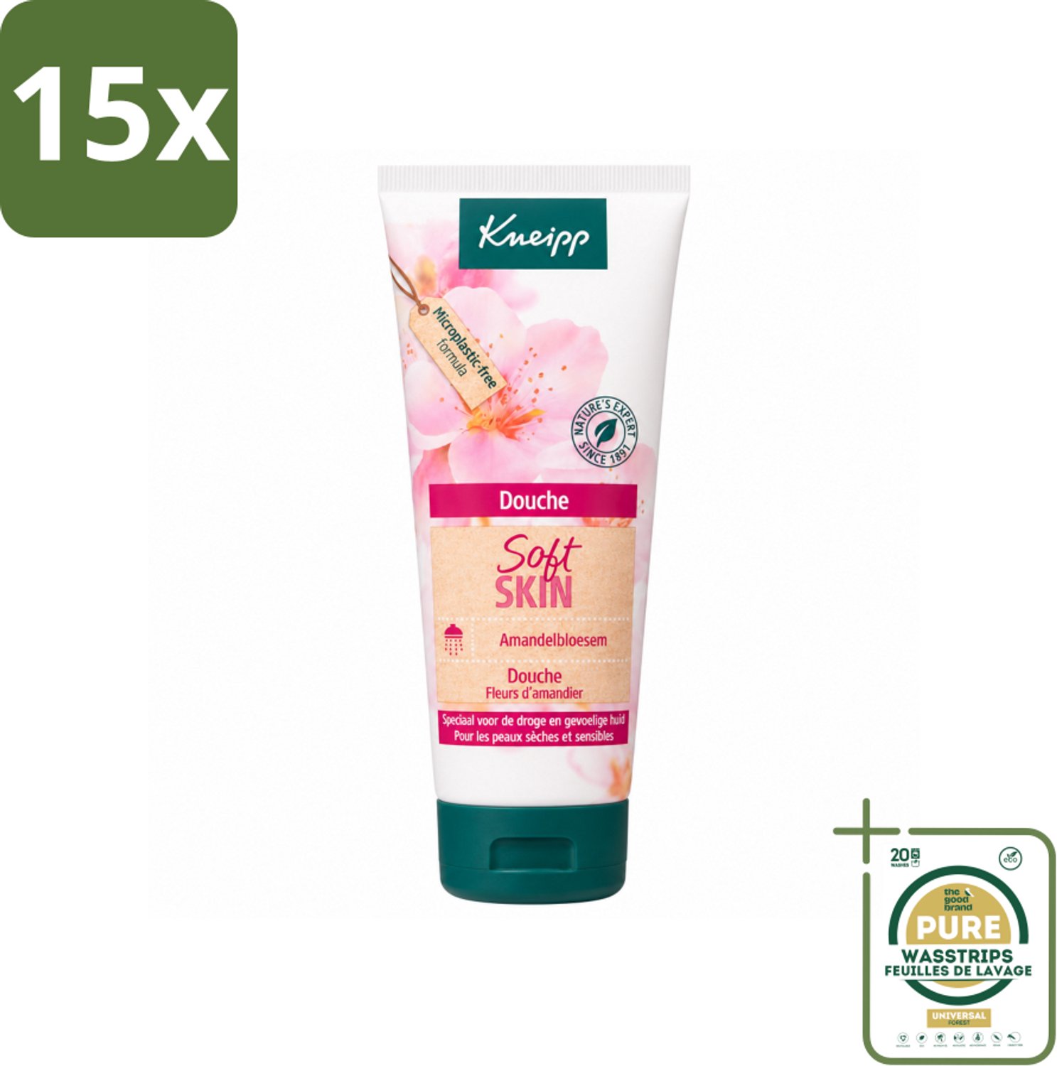 15 x Kneipp – Amandel – Douche – 75 ml - Wasstrips - Amandel Douche - Douche Voor Gevoelige Huid - Zeepvrije Douche - Hydraterende Douche - Douche Voor Droge Huid