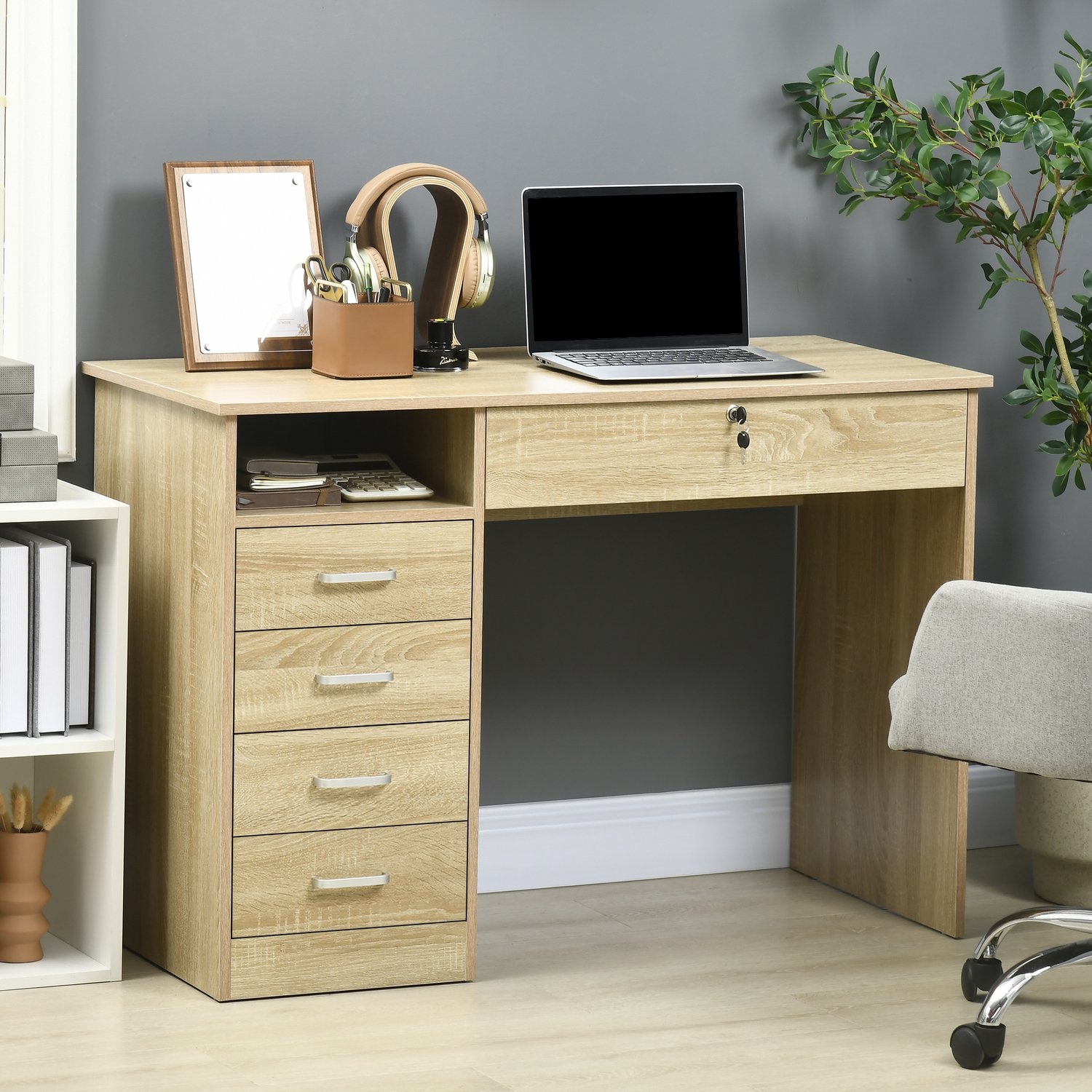 MUVANO Bureau met laden - Spaanplaat met eikenlook - Open opbergvak en afsluitbare lade - 110 x 50 x 76 cm - Opbergen en werken - Kantoor en slaapkamer eikenkleur