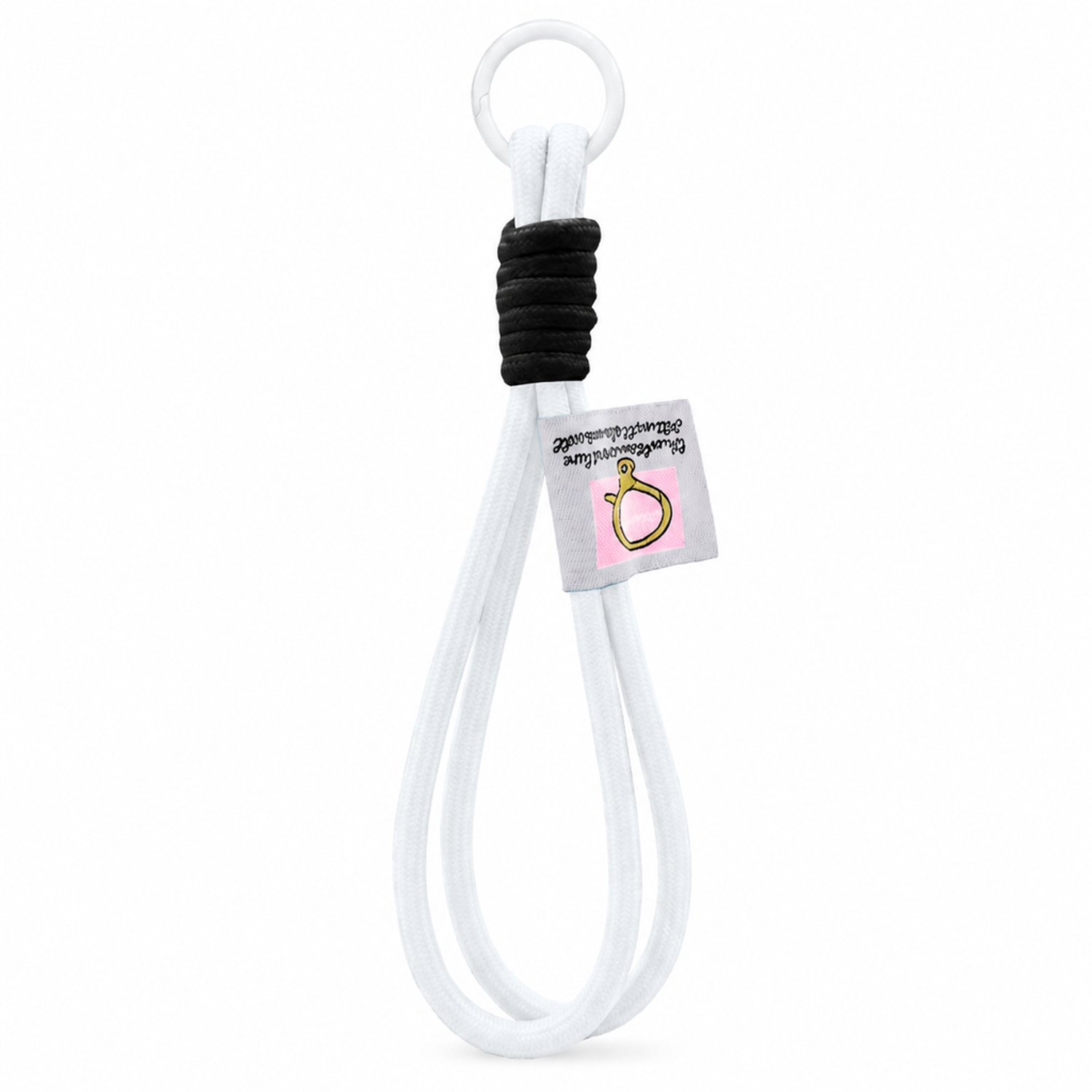 Telefoonkoord van gevlochten nylon - kort wit polskoord met ring en zwarte wikkeling