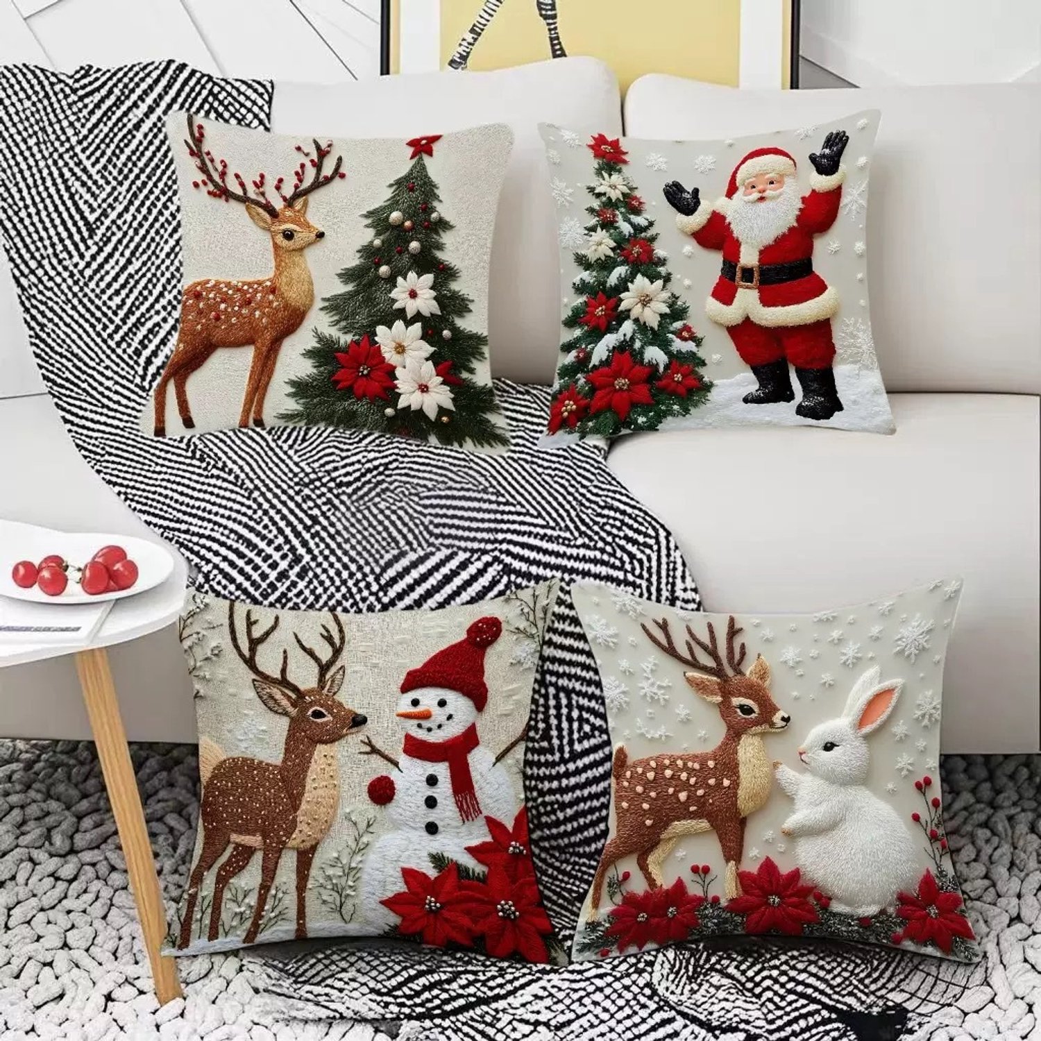 YAGXIG Kerstkussenslopen - 45,72 cm x 45,72 cm - 4-delige set - Kerstdecoratiekussens - kussenslopen - kussenhoezen voor de winterse feestdagen (Kerstman, rendier, sneeuwpop). wit