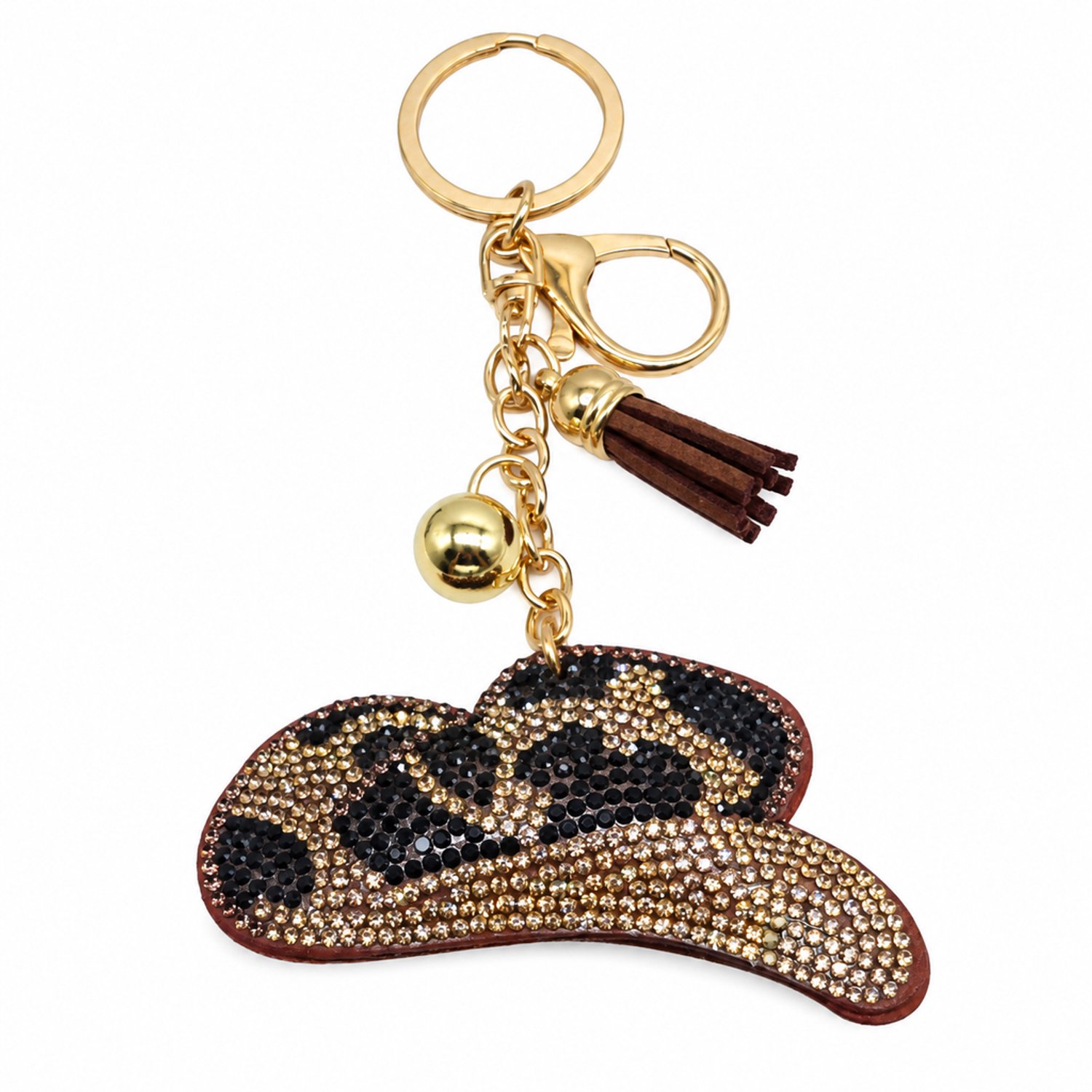 Sleutelhanger met cowboyhoed en strass, bruin kwastje, goudkleurige sleutelring en karabijnsluiting, ook als tashanger