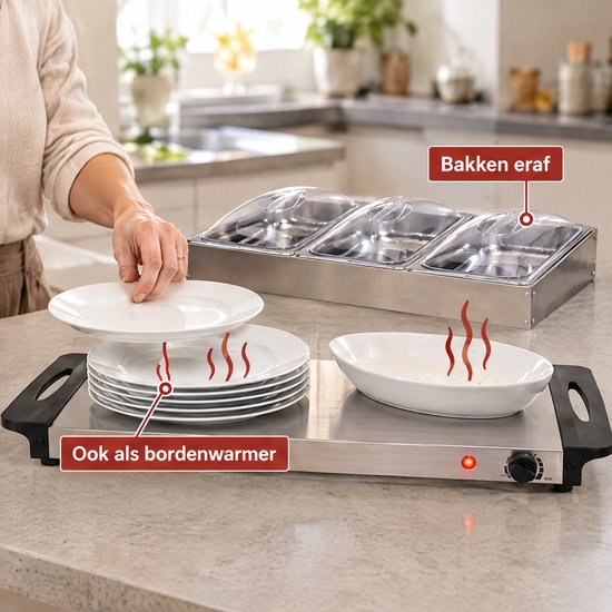 Levano Warmhoudplaat Elektrisch - Buffetwarmer met 3 Bakken - Warmhoudbakken met Deksel - Chafing Dish Elektrisch - Bordenwarmer - Eten Warm Houden - Cateringschaal met Deksel - Warmhoudschalen - Warmhouders Buffet - Catering - Verjaardag — afbeelding 4