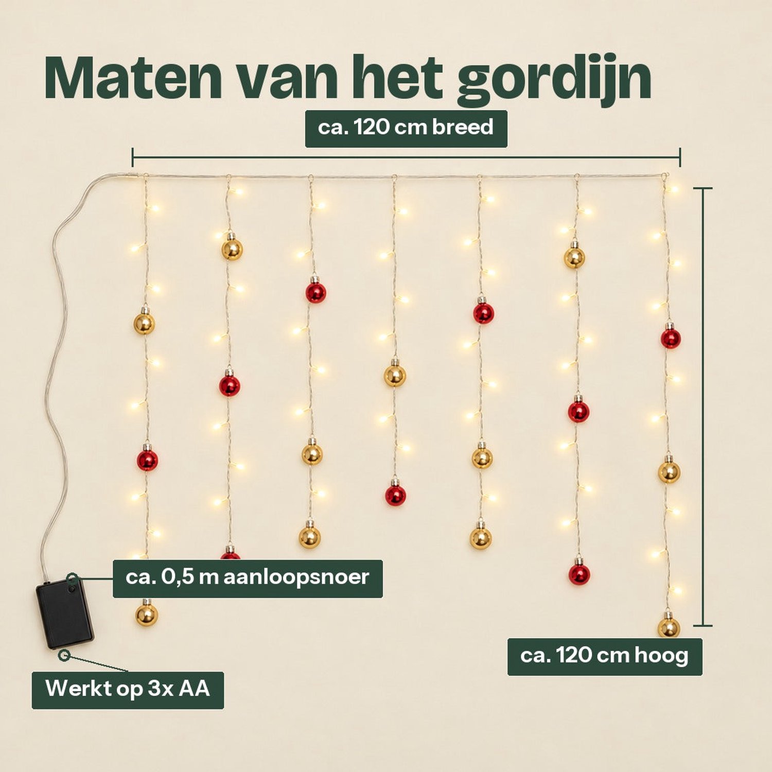 Levano Kerstverlichting Buiten - Lichtgordijn met Kerstballen - Kerstversiering - Kerstverlichting op Batterijen - Kerstlampjes - Raamverlichting Kerst - LED Gordijn - Kerstdecoratie Raam - Warm Wit - Timer - 74 LED - Sfeerverlichting - IP44 – foto 4