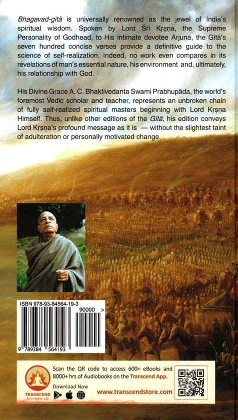 Achterkant van het boek Bhagavad Gita met een afbeelding van Prabhupada en een strijdtoneel, inclusief barcode en QR-code.