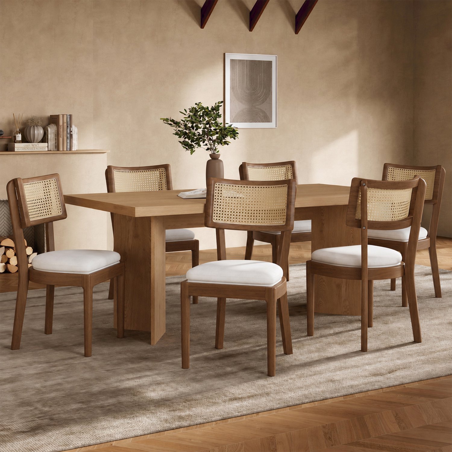 OKWISH Eetkamerstoelen Set van 2 - Rotan Rugleuning en Zachte Zitting - Eetkamer en Woonkamer - Hout en Linnen - Walnootbruin en Beige