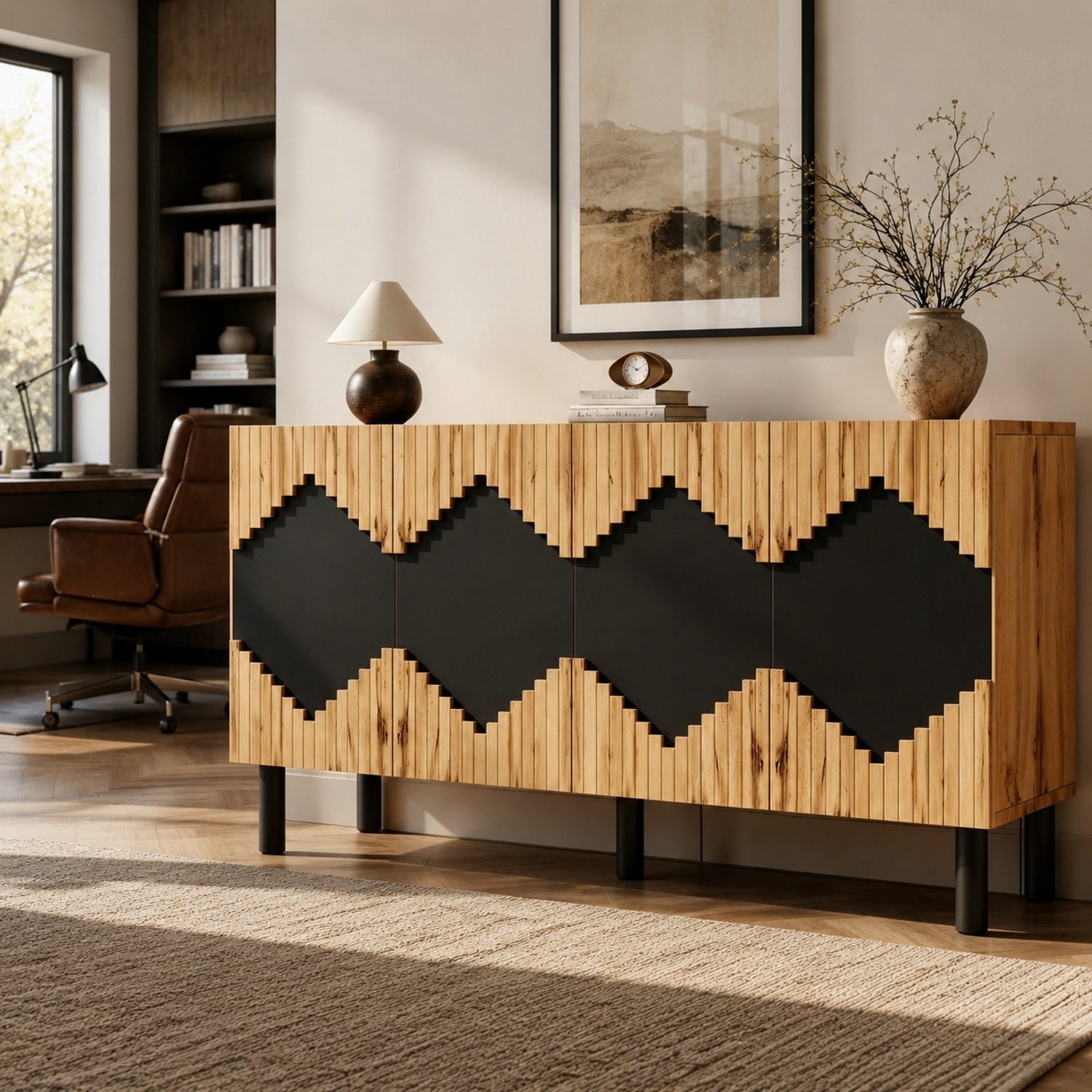 MODFU Dressoir - 4 Deuren - Greeploos - Ruitpatroon - MDF En Spaanplaat - Naturel En Zwart - 140x40x70 Cm