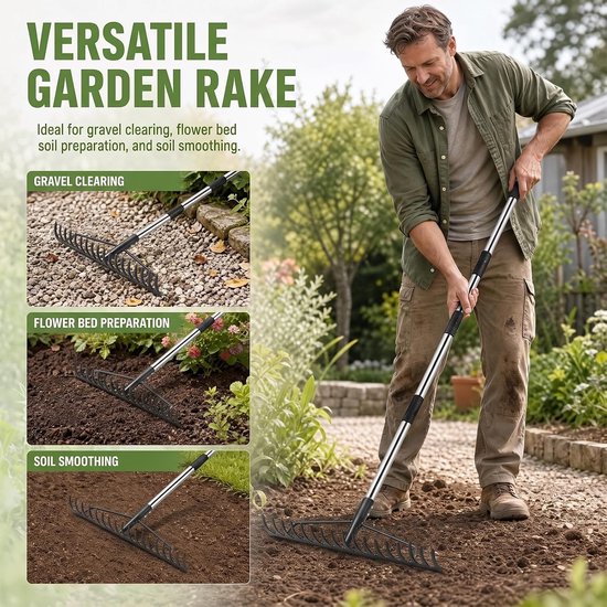 Verstelbare en verwijderbare tuinhark met steel, 86-167 cm, ideaal voor het losmaken van grond, egaliseren en verzamelen van bladeren en mulch — afbeelding 4