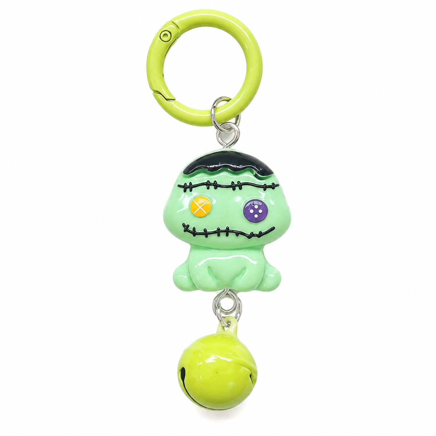 Sleutelhanger met groen griezelpopje en belletje - Popje 2,5 x 2,3 cm - Met bevestigingsring, ook als tashanger