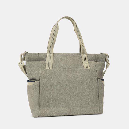 Achterzijde van een grijze Hedgren tote tas met beige hengsels en blauw-beige accenten op de zijvakken.