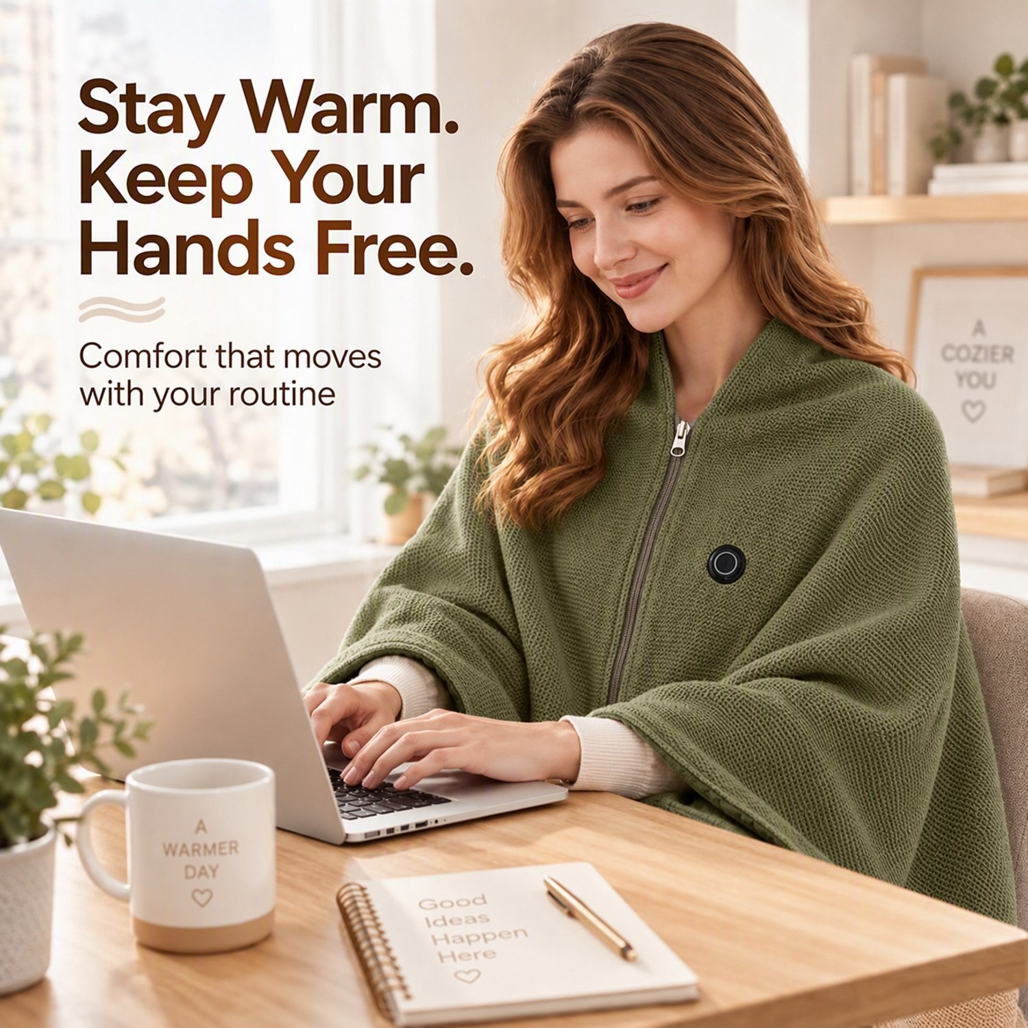 Ryoudavell - Draagbare Verwarmingsdeken Dames USB, 150x80cm Omslagdoek/Poncho met Rits, Gerichte Warmte voor Nek, Schouders, Rug en Benen - Zachte Synthetische Stof, Olijfgroen, voor Thuis, Kantoor, Reizen, Powerbank Niet Inbegrepen – foto 6