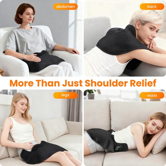 Verschillende toepassingen van de schouderverwarmer op de buik, rug, benen en taille.