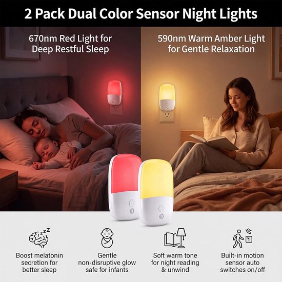 2 Stuks - Nachtlampje Stopcontact - Nachtlampje met 670 nm Rood Licht voor Slaaptherapie & Oranje Licht, Van Kleur Veranderend - 0,5 W - Dag & Nacht Sensor - Bioritme voor Betere Slaap - Voor Baby, Kind en Volwassenen - Zumolir® van Zumolir — afbeelding 4