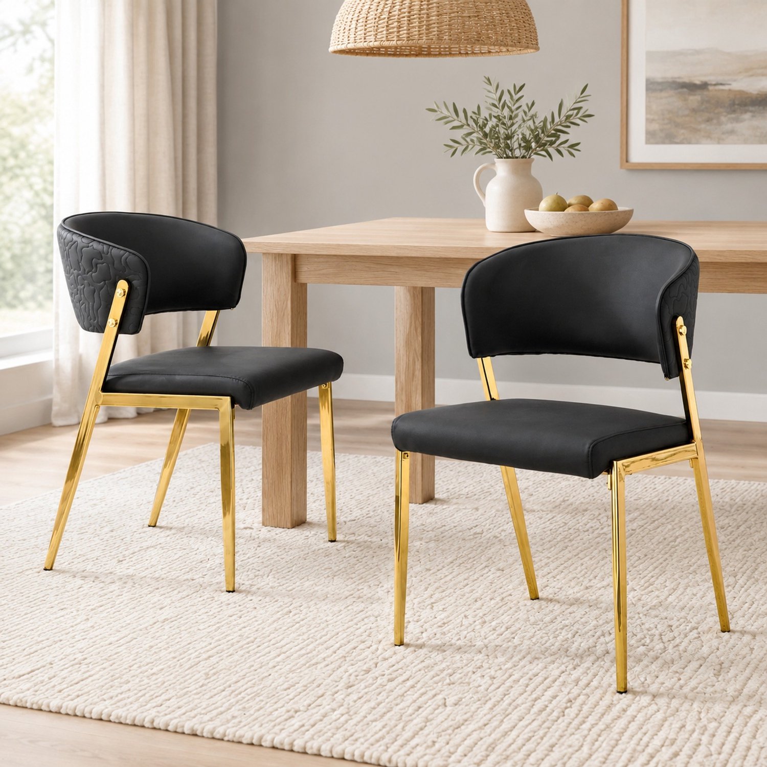 MODFU Eetkamerstoelen Set Van 2 - Gestoffeerde Zitting - Gebogen Rugleuning - Metaal - Zwart En Goud