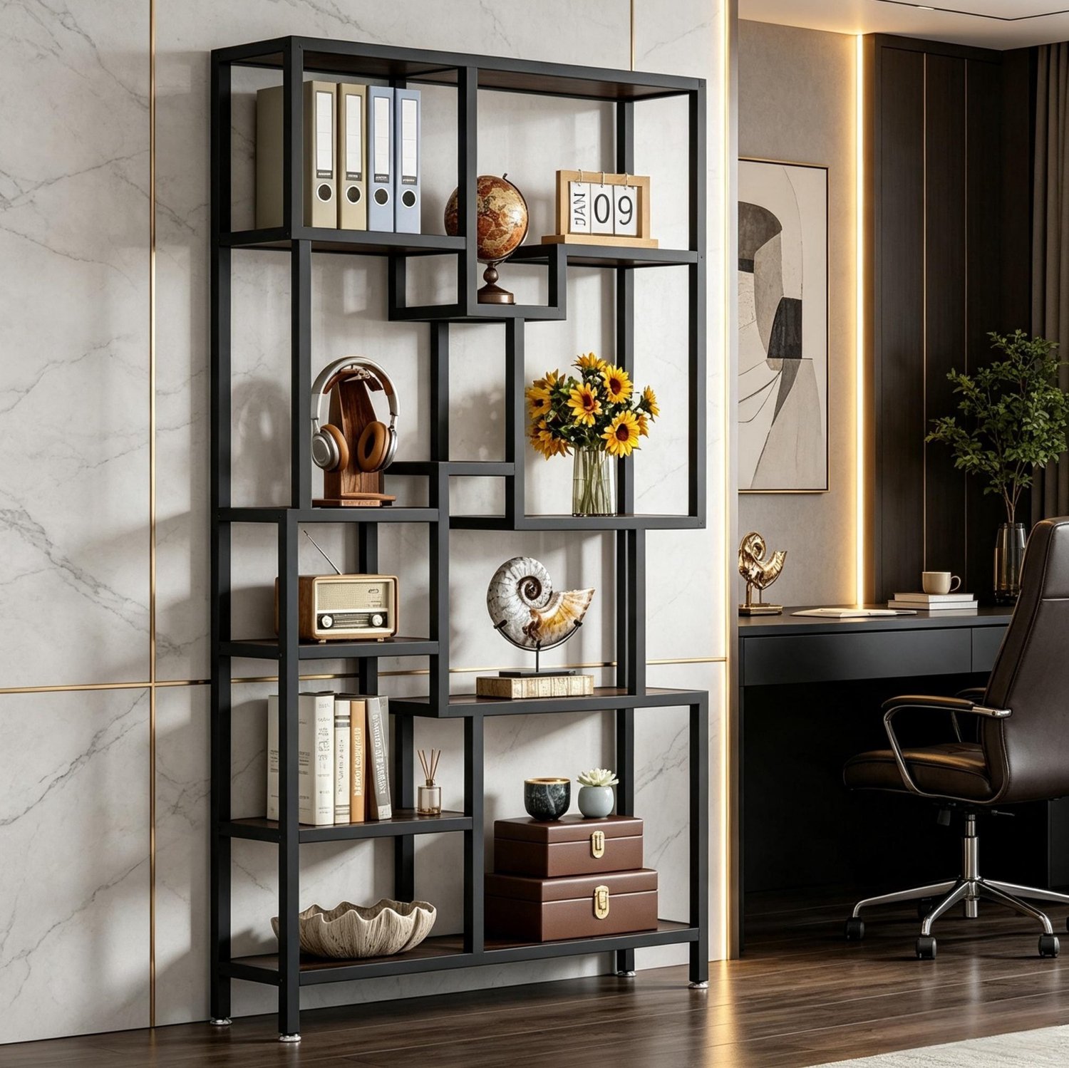 OKWISH Boekenkast Asymmetrisch – 100 x 30 x 180 cm – Spaanplaat en Metaal – Zwart en Rustiek Bruin – Zeven Open Niveaus – Verstelbare Voetjes