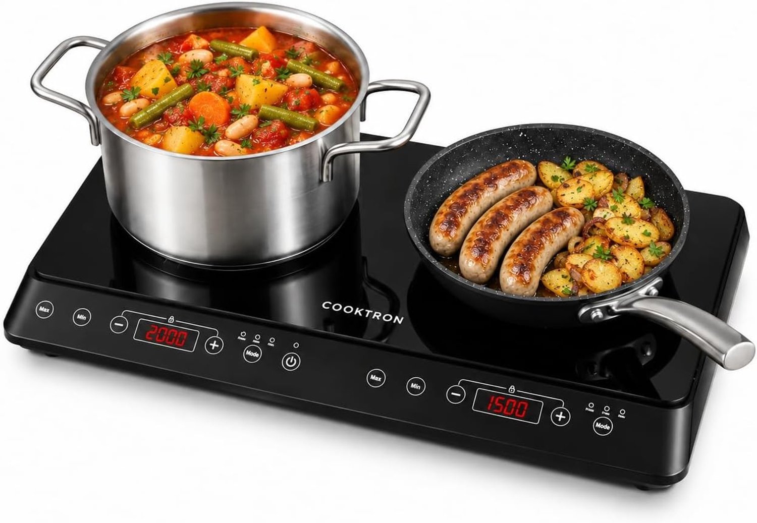 Inductiekookplaat - Zwart - 33.5 x 55 x 6.5 cm - Mobiele Dubbele Inductiekookplaat met Timer - Voor Keuken en Camping