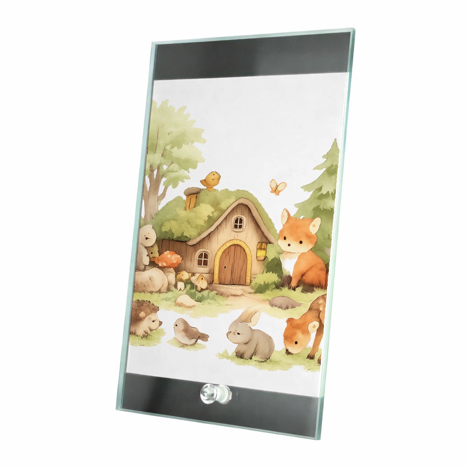 Mr Cadeautjes Glasframe 15 x 23 - design Een bosrijk ochtendtafereel met schattige dieren rond een ho | cadeau Wit