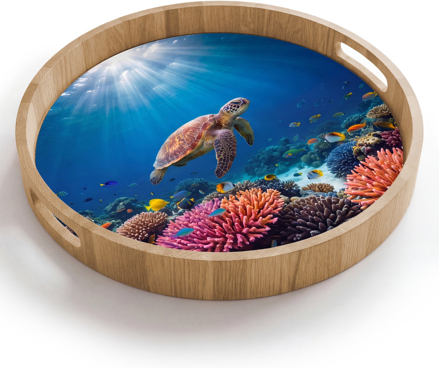 Dienblad rond 40x40 cm - Schootdienblad hout - Schildpad - Koraalrif - Oceaan - Dieren - Blauw - Borrelplank rechthoek - Plateau houten dienbladen