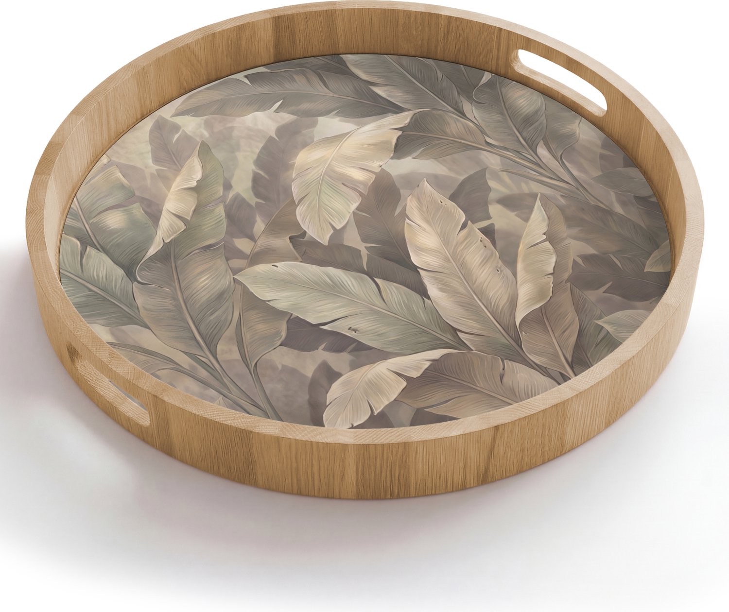 Dienblad rond 50x50 cm - Schootdienblad hout - Bladeren - Tropisch - Natuur - Modern - Beige - Borrelplank rechthoek - Plateau houten dienbladen