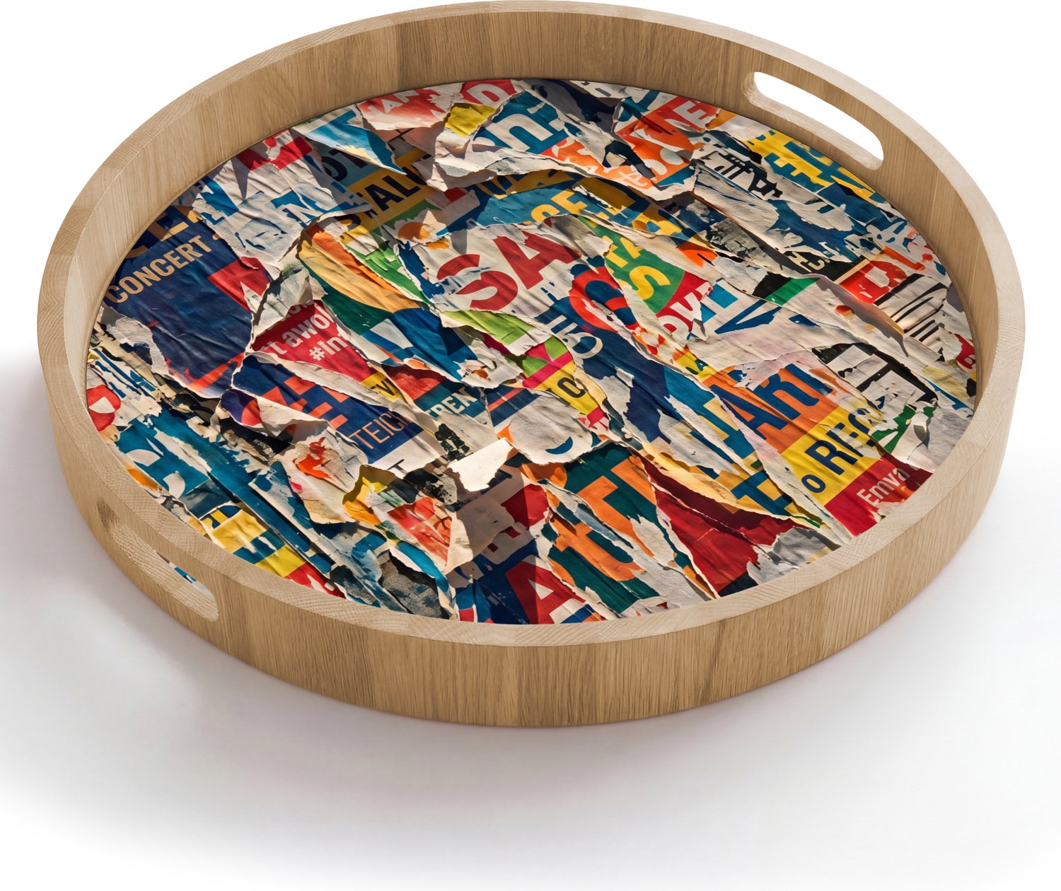Dienblad rond 50x50 cm - Schootdienblad hout - Abstract - Gelaagd papier - Urban - Modern - Kleurrijk - Borrelplank rechthoek - Plateau houten dienbladen