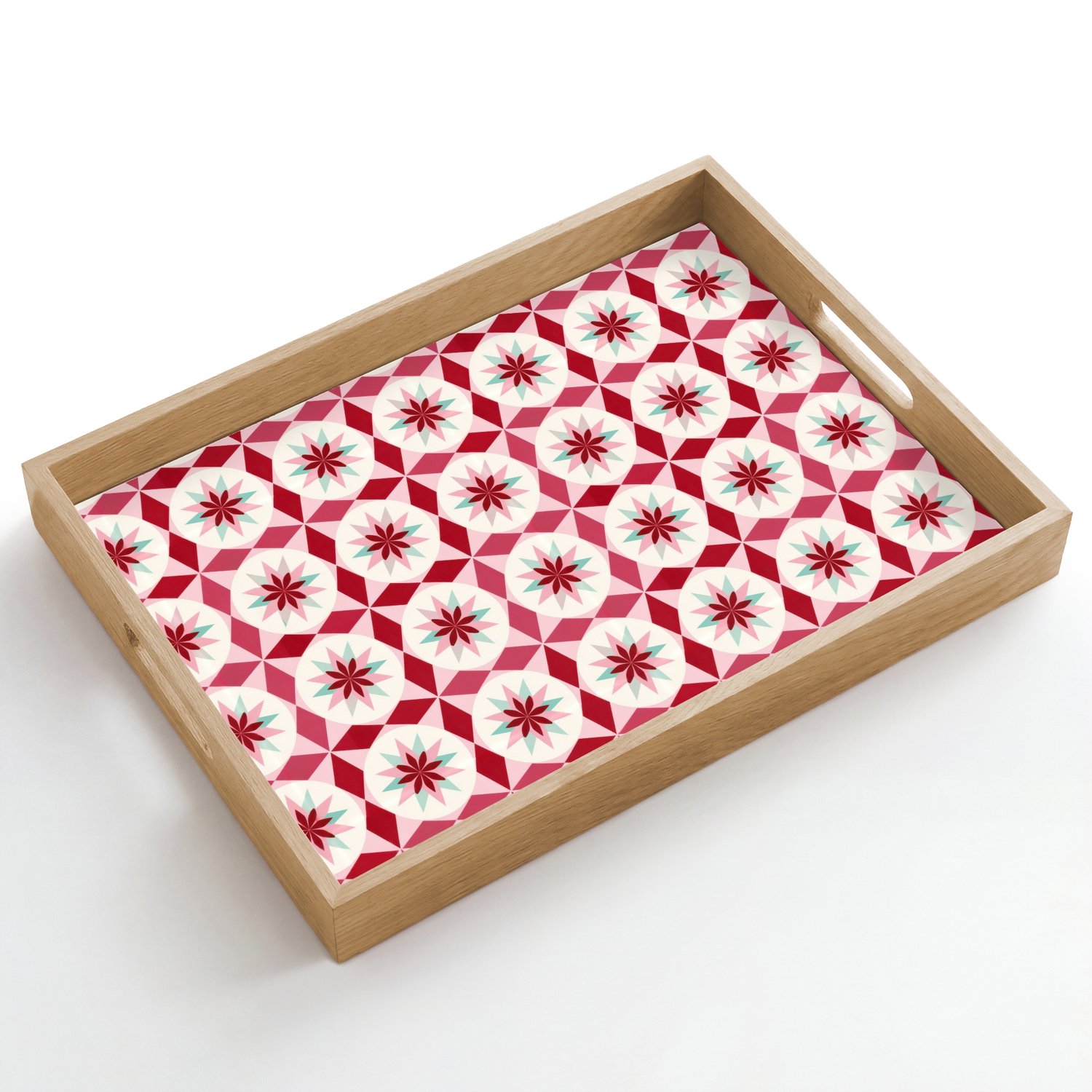 Dienblad hout 50x35 cm - Schootdienblad - Tegelpatroon - Sterren - Retro - Roze - Mintgroen - Borrelplank rechthoek - Plateau dienbladen