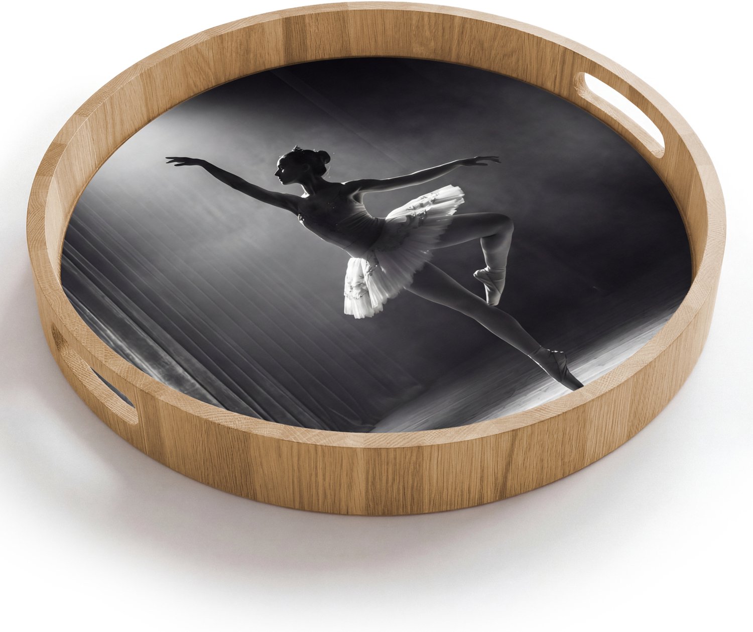 Dienblad rond 40x40 cm - Schootdienblad hout - Danser - Podium - Zwart-wit - Kunst - Klassiek - Borrelplank rechthoek - Plateau houten dienbladen