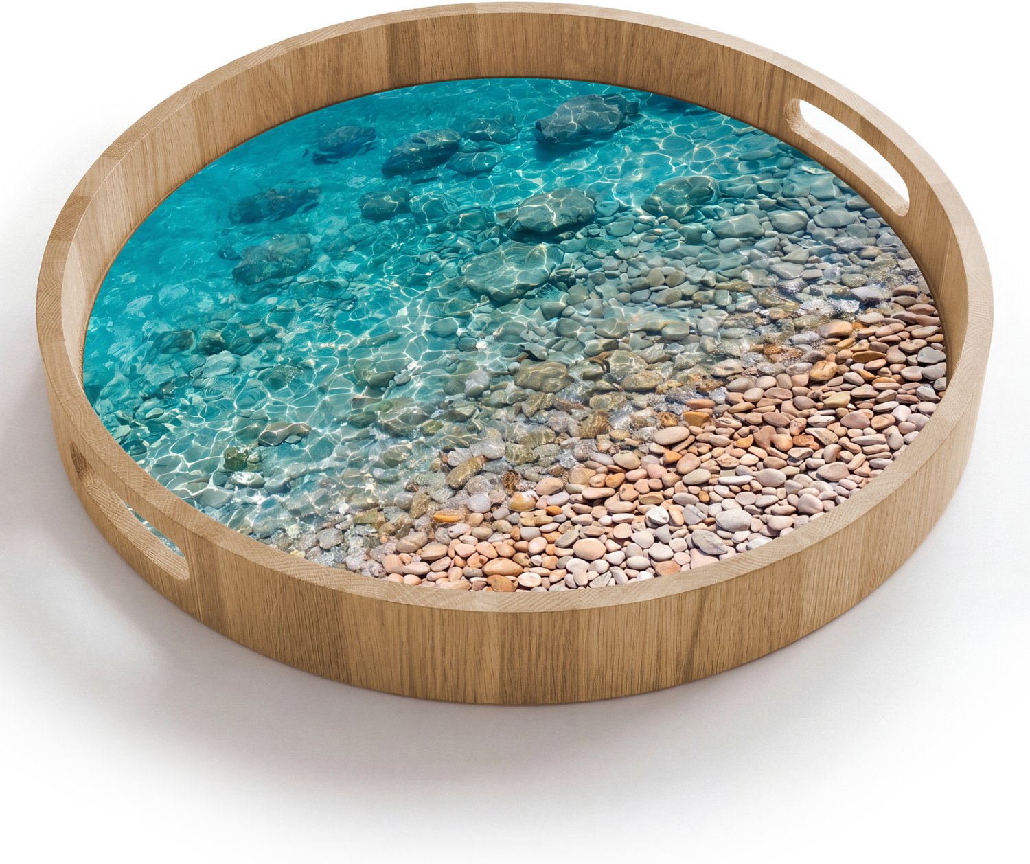 Dienblad rond 40x40 cm - Schootdienblad hout - Water - Kiezels - Natuur - Levendig - Turkoois - Borrelplank rechthoek - Plateau houten dienbladen