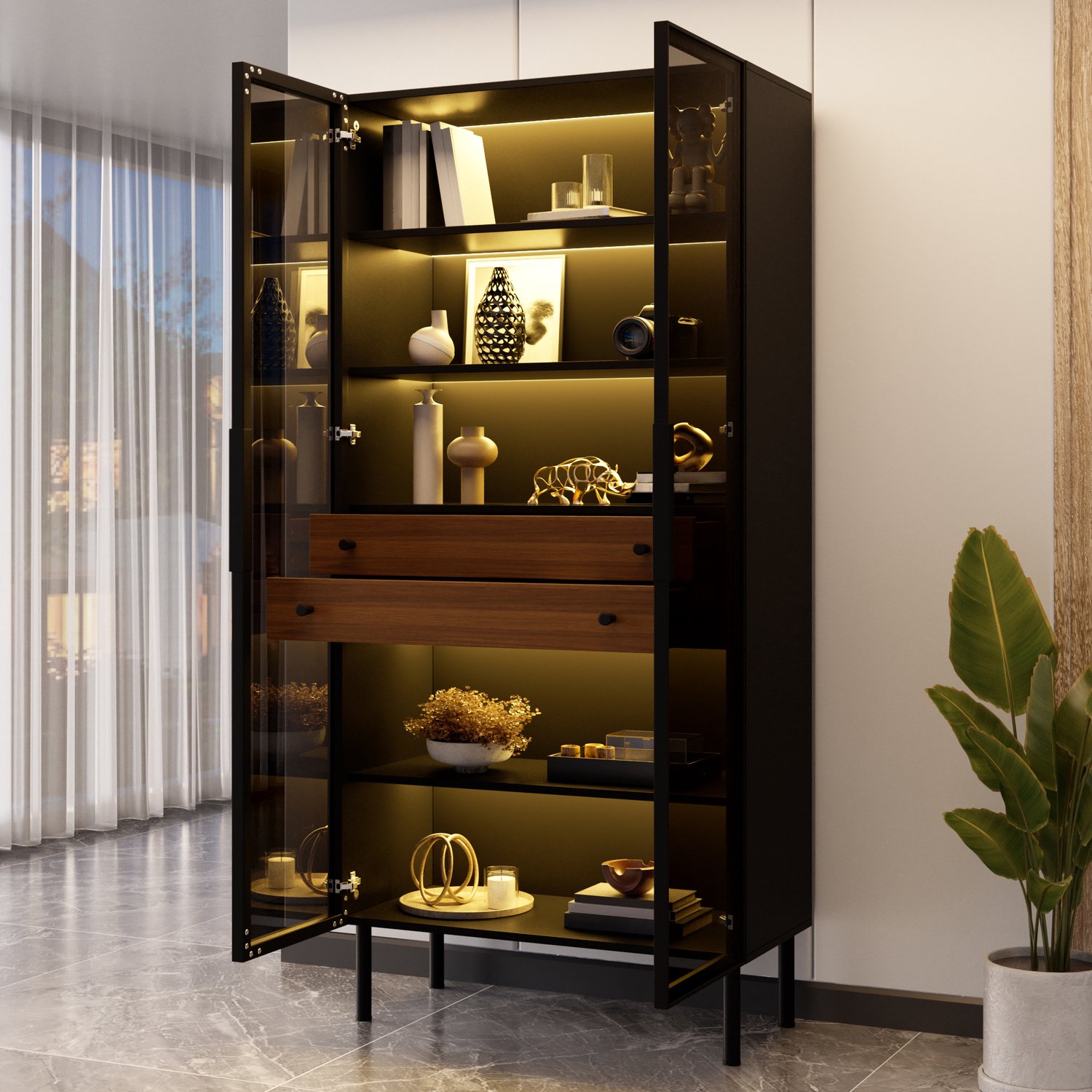 Wishdor Vitrinekast met glazen deuren en LED-verlichting - Via app bedienbaar - Twee lades en legplanken - Moderne kast voor woonkamer en eetkamer - MDF en bewerkt hout - Zwart - 70 x 36 x 170 cm