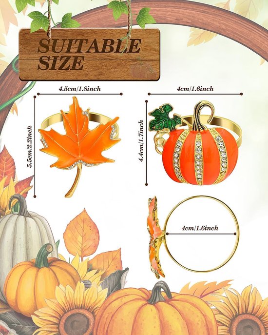 12 Stuks Servetringen Goud Pompoen Blad Herfst Tafeldecoratie — afbeelding 3