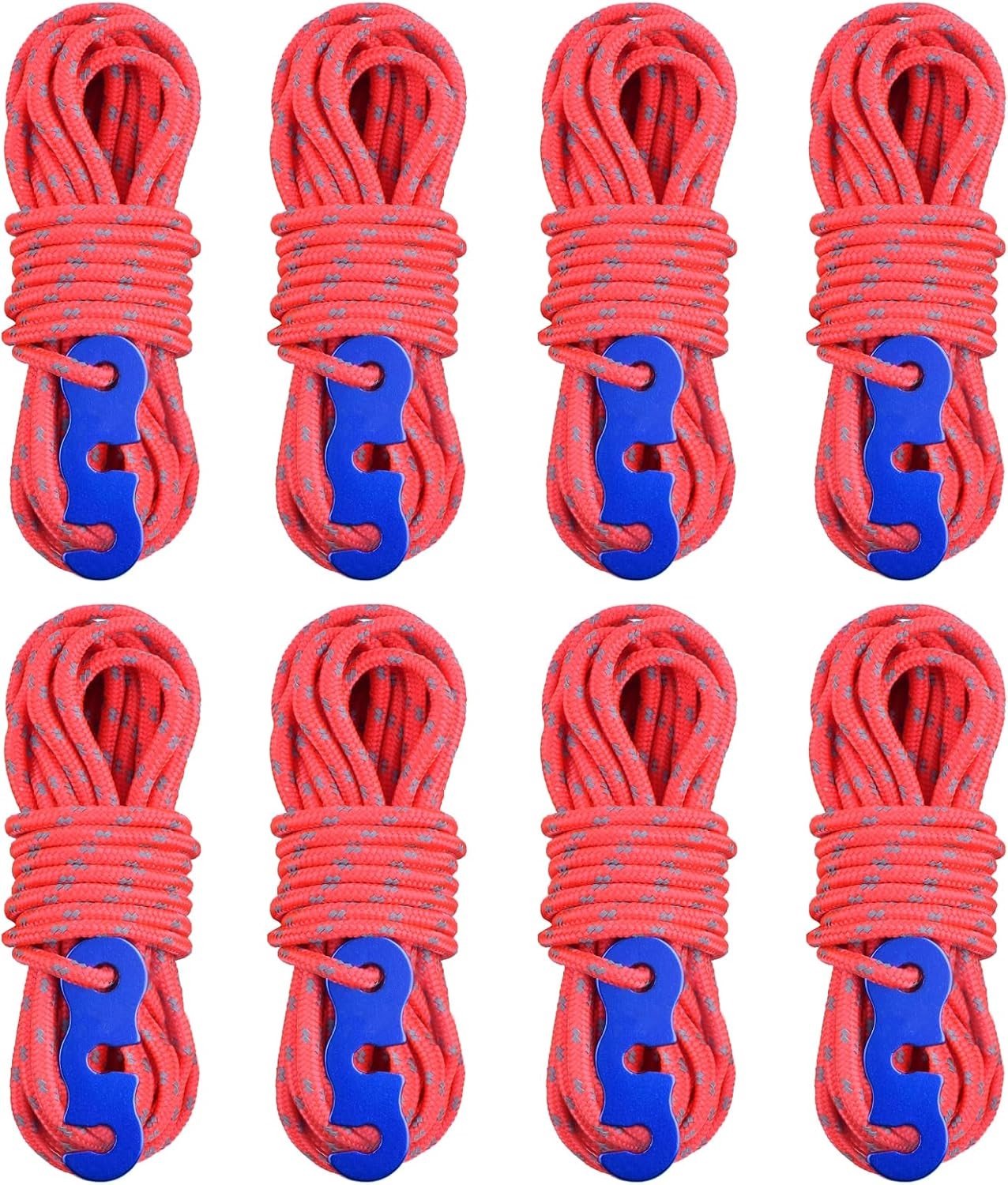 Reflecterende Guy Ropes van 4 m, Paracord Touw met Kabelspanner voor Tent en Tarpaulin, Ideaal voor Kamperen (Rood, Set van 8)