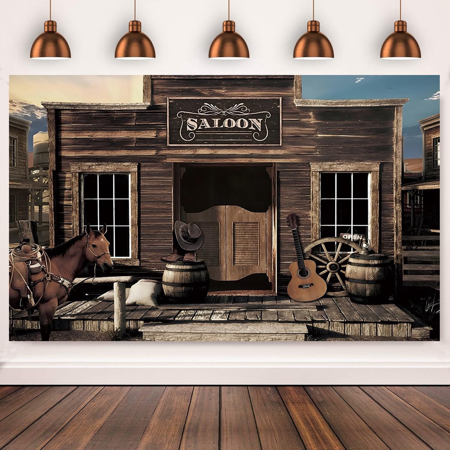 Westerse cowboyachtergrond vintage westerse saloon houten huis schuurdeur retro paardenwiel land fotografie-achtergrond babyborrel, verjaardagsfeestje decoraties banner fotocabine rekwisieten