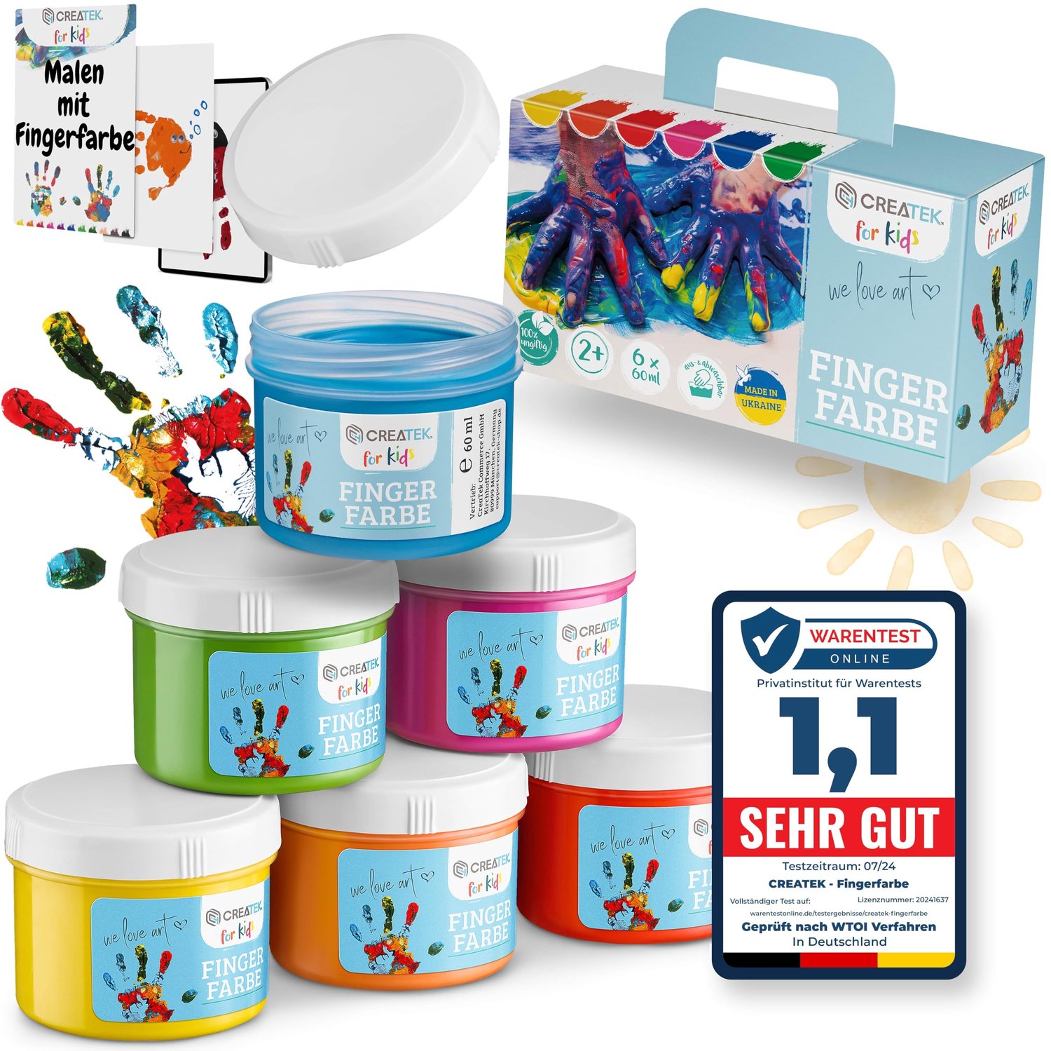 CreaTek - Vingerverf voor kinderen, niet giftig vanaf 2 jaar, inclusief grappige schildersjablonen, 100% veilig, veganistisch, geurloos en uitwasbaar,