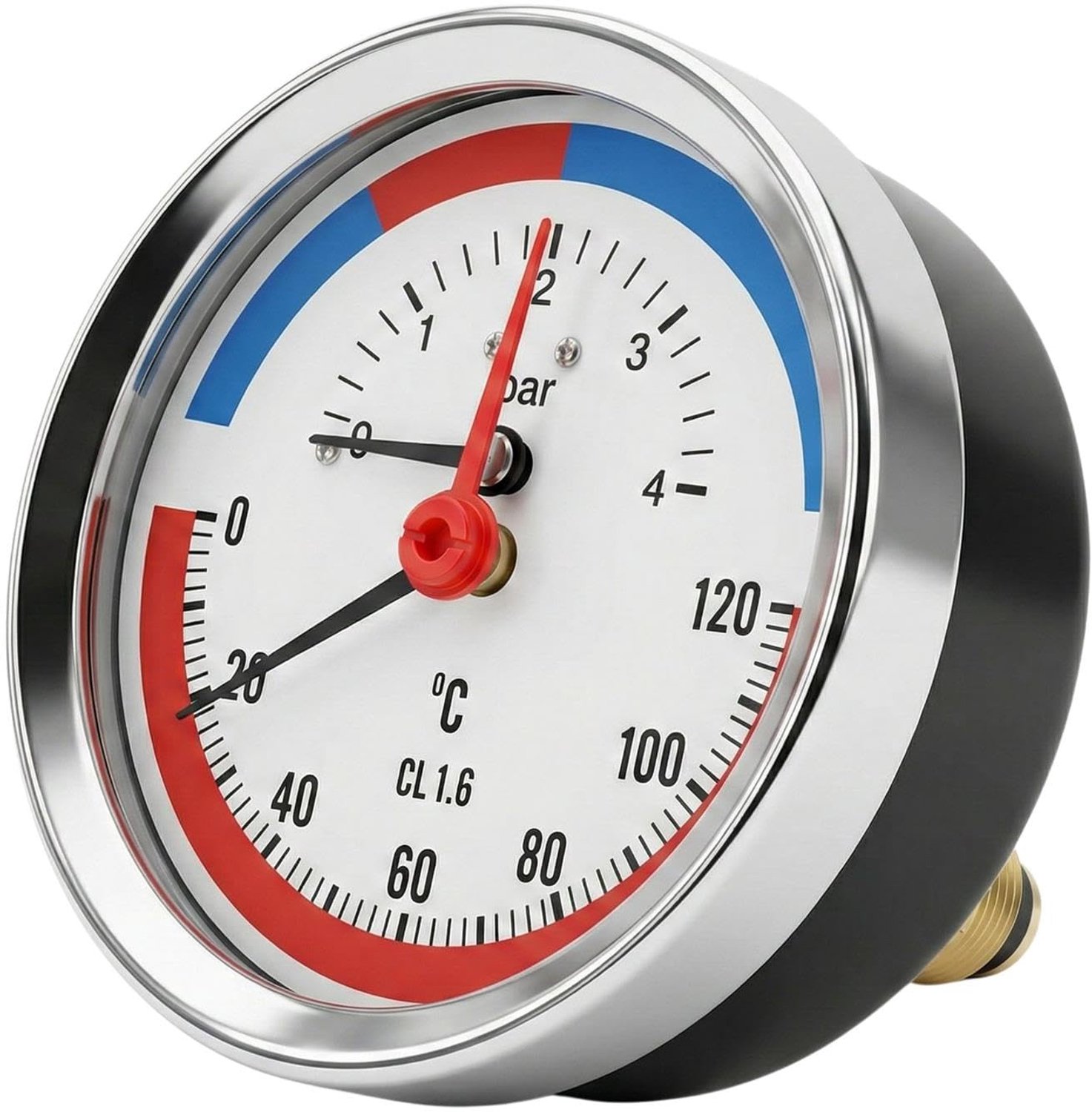 Lumonic Thermomanometer 4bar 0-120°C | 1/4 + 1/2 inch (adapter) | Connection rear | Ø 80 mm, large scale | Heating pressure gauge | Metal housing