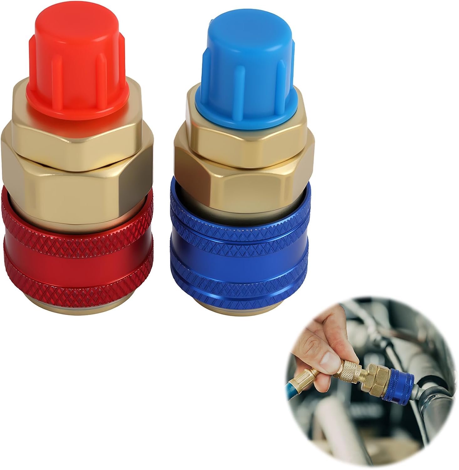 Adapter voor R134A koelmiddel, 1/4 inch AC hoge druk en lage druk SAE HVAC, universeel inzetbare snelkoppelingsadapter van messing voor airconditioning en koelsystemen, robuust en corrosiebestendig