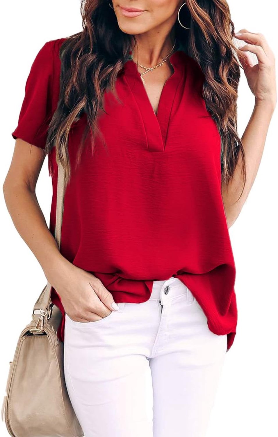 Allimy Women Summer Dressy Casual 2025 Short Sleeve Blouses and Tops Trendy Tunics Medium Red