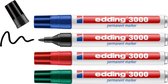 Vier Edding 3000 permanente markers in blauw, zwart, rood en groen met losse dop en zwarte krellijn.