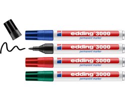 edding 3000 permanent marker - zwart, rood, blauw, groen - 4 stiften - ronde punt 1,5-3mm - water en wrijfvast - voor karton, kunststof, hout, metaal, etc. - alcohol markers voor volwassenen