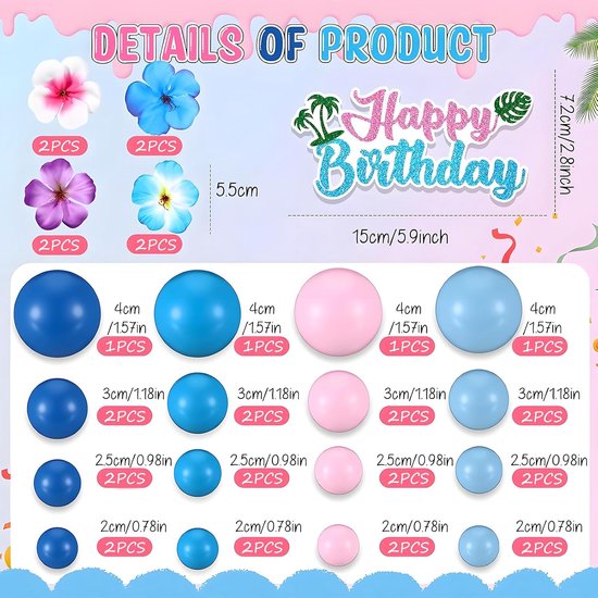 37 stuks roze blauwe taarttoppers, taartdecoratie, bloemen, taartdecoratie, Hawaiaanse taartdecoratie voor verjaardag, bruiloft, zomer, babyshower — afbeelding 2